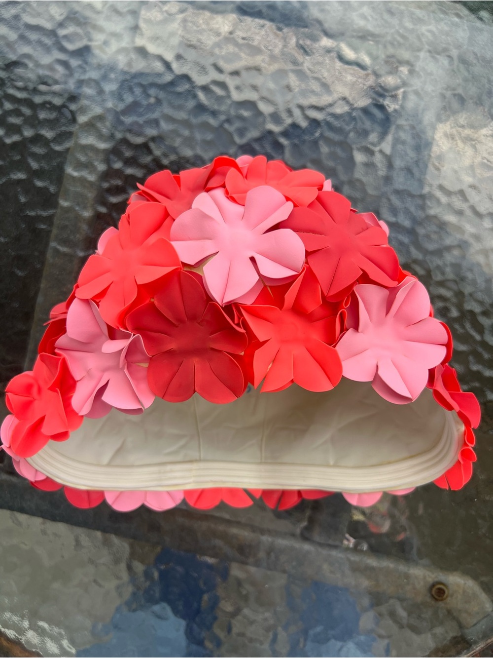 Vintage Floral Rubber Swim Cap Pink Red 3D Flowers